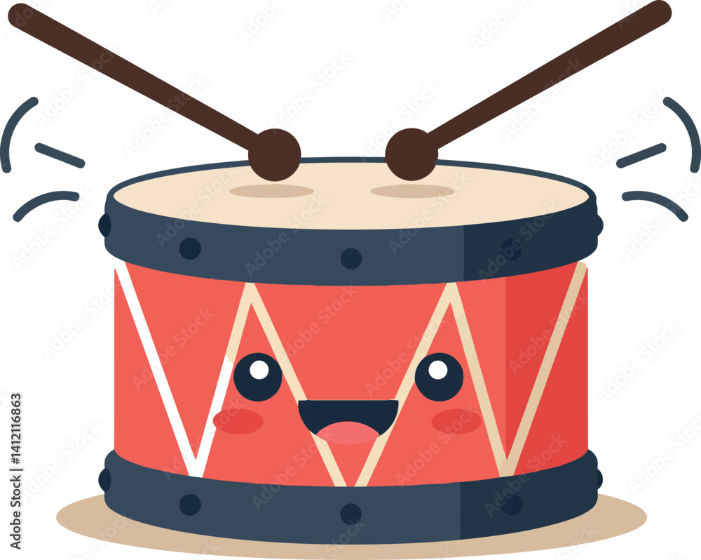 Poster red cartoon drum with smiling face and drumsticks beating flat minimal vector art