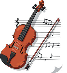 Fototapeta premium Classical violin with bow resting on musical staff featuring notes flat detailed vector illustration