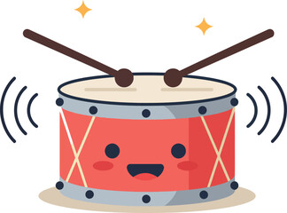 Cute red drum with smiling face and beating sticks in flat minimal vector illustration