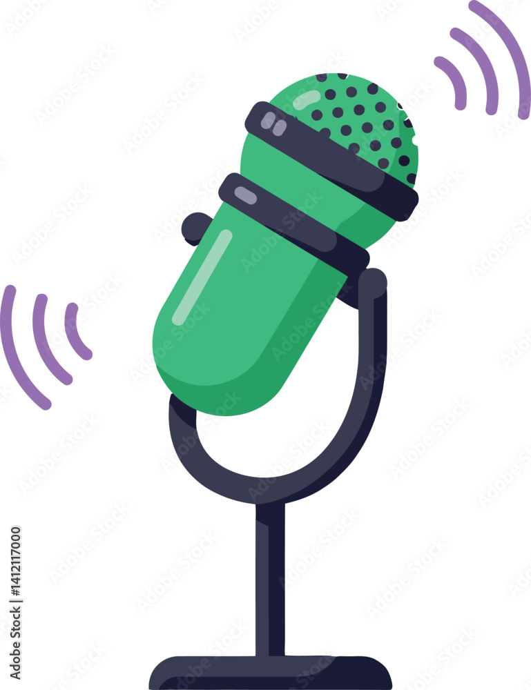 Poster green retro microphone with sound waves flat style digital recording device vector art