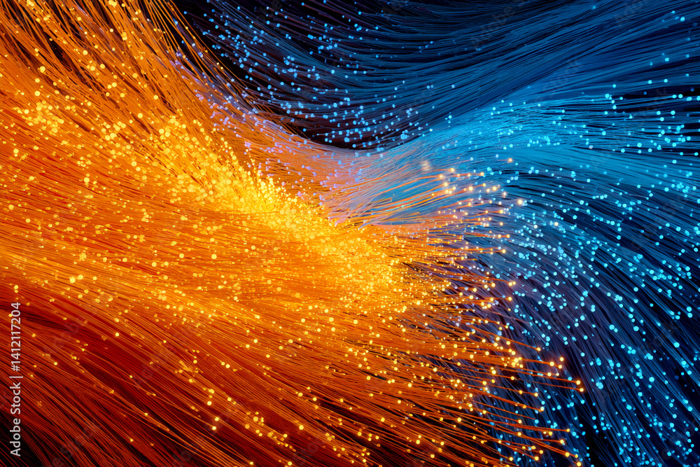 Poster abstract image of luminous orange and blue fiber optic strands, creating a dynamic and energetic flo