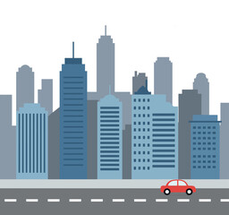 Obraz premium Urban city skyline with various tall buildings and a small red car on road flat design vector illustration