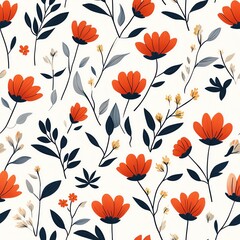 Seamless Floral Pattern with Orange Flowers and Navy Leaves on White Background for Textile Design and Decorative Art