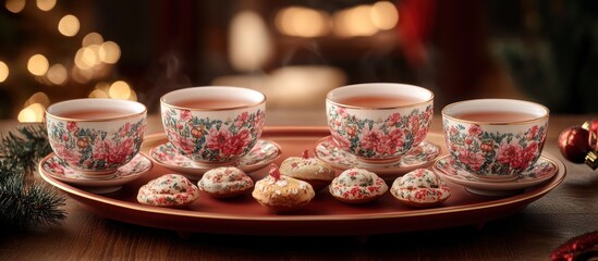 Fototapeta premium Christmas Tea Cups & Cookies by Fireplace