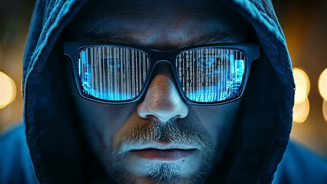 Hooded figure with binary code reflected in glasses creates a digital mystery concept