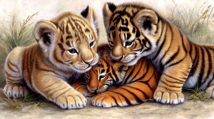 Three playful tiger cubs cuddling in the wild