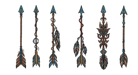 Ornate tribal arrows with decorative patterns on a white background  