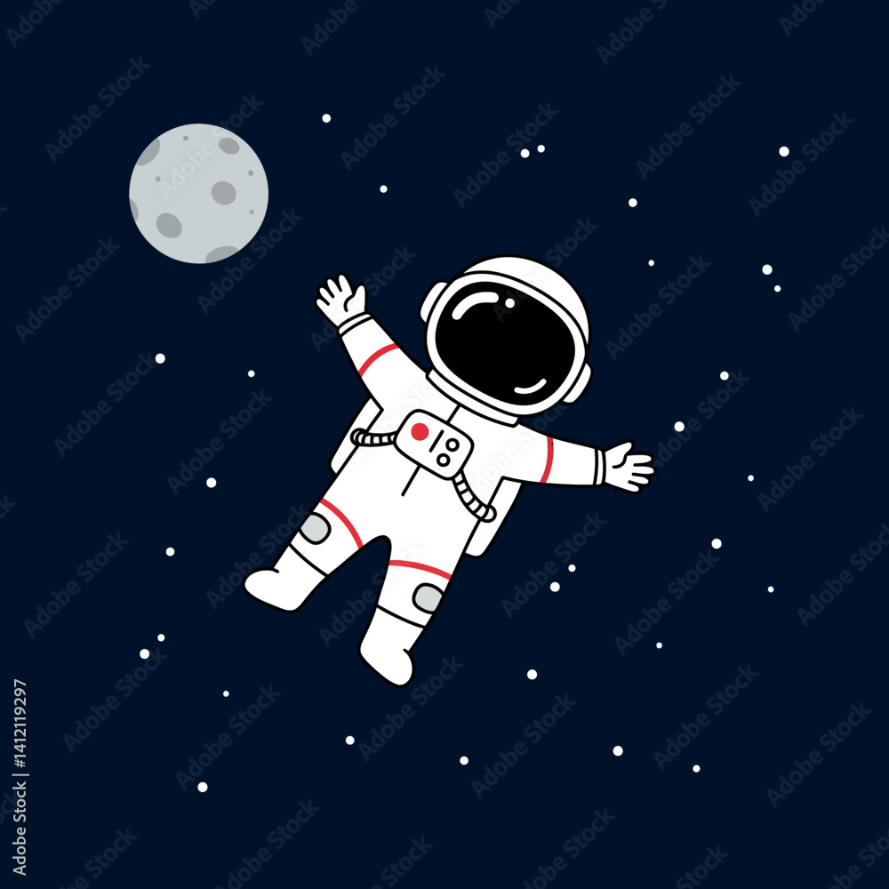 Poster astronaut floating in space with moon in distance minimal flat design vector illustration