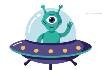 One-eyed green alien waving from purple UFO spaceship flat design vector illustration