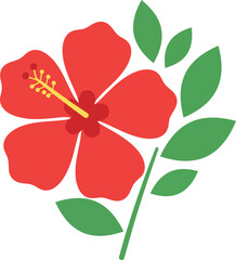 Red hibiscus flower with green leaves flat minimal design bright tropical vector illustration