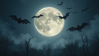 Fototapeta premium Full Moon Illuminates Bat-Filled Night Sky Above Dark Forest