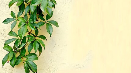Lush Green Foliage Cascading Against a Textured Beige Wall Backdrop