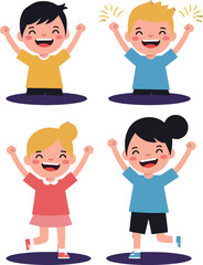 Fototapeta premium Four cheerful children jumping and celebrating with joyful expressions minimal flat vector illustration