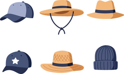 Collection of six assorted hats including caps and straw hats in flat minimal style vector illustration