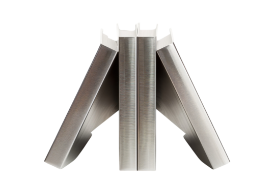 Unique arrangement of three stainless steel binders on a reflective surface in bright lighting isolated on transparent background