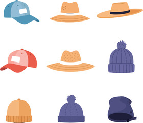 Collection of various hat styles in flat design including caps, straw hats, and knitted beanies vector illustration