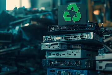 Stack of old electronics for recycling green recycle symbol on top