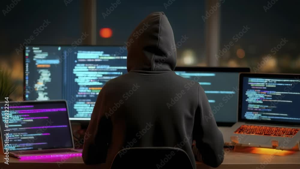 Aufkleber person in dark hoodie sits at desk at night, working on multiple screens displaying code. city light