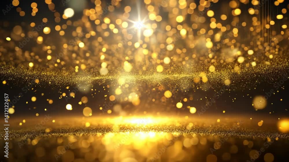 Aufkleber Golden Shimmering Particles Falling on a Glittering Surface with Bright Light