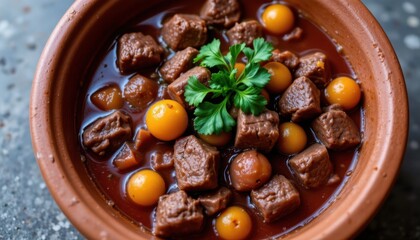 Fototapeta premium Savory meat stew with fresh tomatoes traditional kitchen food photography rustic setting close-up view culinary delight