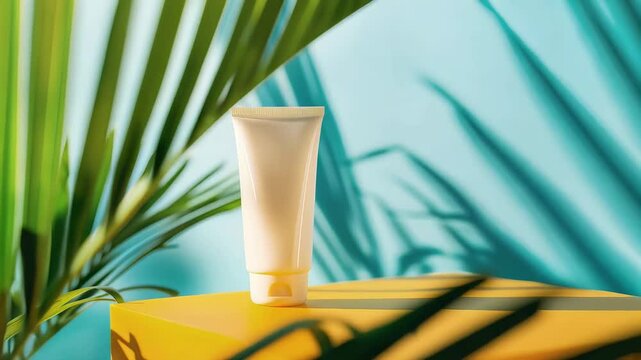 Sunscreen lotion tube is standing on yellow pedestal with tropical palm leaves on blue background