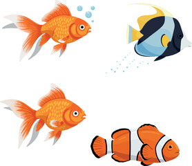 Naklejka premium Colorful tropical and goldfish aquatic animals in flat style swimming vector art