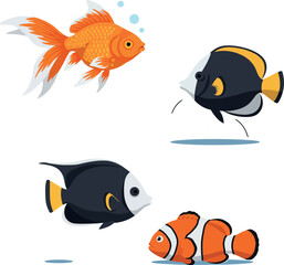 Colorful tropical fish including goldfish and clownfish in minimal flat style vector illustration