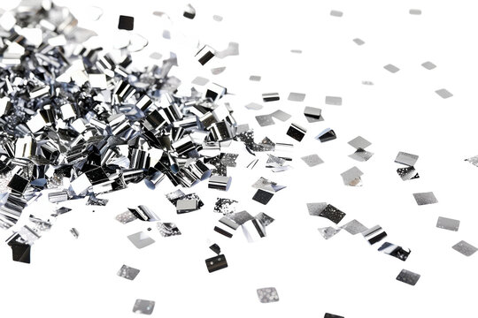 Shimmering silver confetti scattered across a white surface, ready for a festive celebration isolated on transparent background