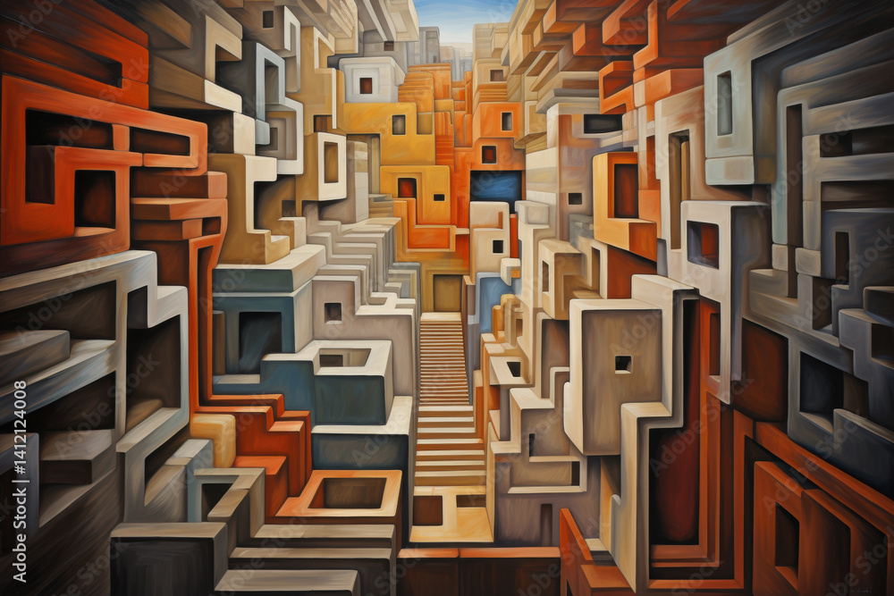 Poster abstract cubist labyrinth where the walls shift and distort as you move