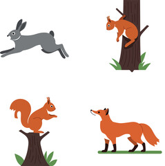 Obraz premium Wild animals including rabbit, squirrels, and fox in flat design style vector illustration showing natural forest creatures in motion and rest