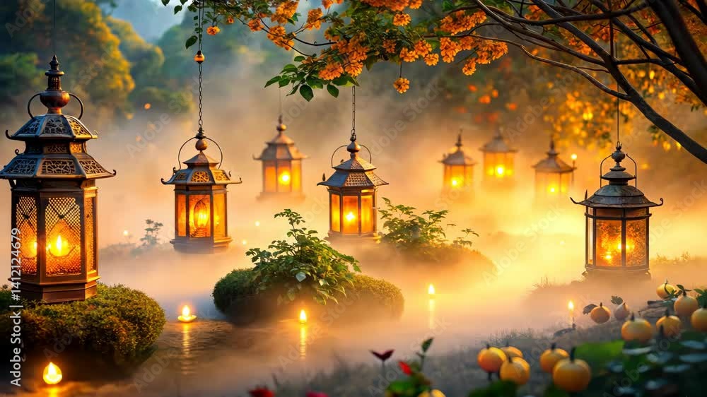 Poster mystical garden illuminated by hanging lanterns and floating candles in a foggy atmosphere