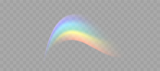 Blurred rainbow refraction overlay effect. Light lens prism effect on transparent background. Holographic reflection, crystal flare leak shadow overlay. Vector abstract illustration.
