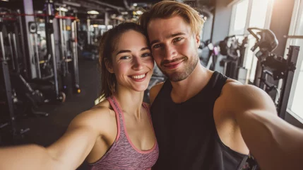 Couple taking gym selfie after workout, happy and energetic, modern fitness interior