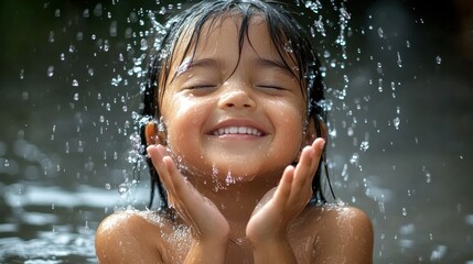 Obraz premium A joyful child bathed in water