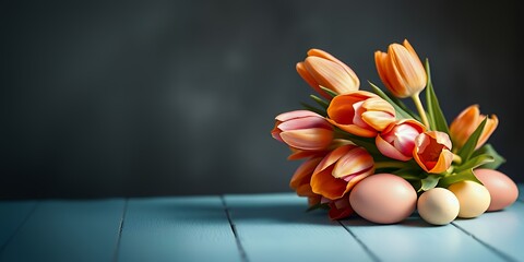 Obraz premium Lively Display of Orange and Pink Tulips with Colorful Easter Eggs Celebrating Spring's Vibrant Spirit