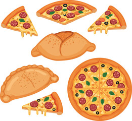 Assorted pizza slices and calzones in flat style with melted cheese and toppings vector illustration