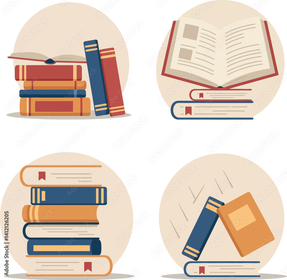 Poster stacked and open books with bookmarks in flat minimal style educational vector illustration