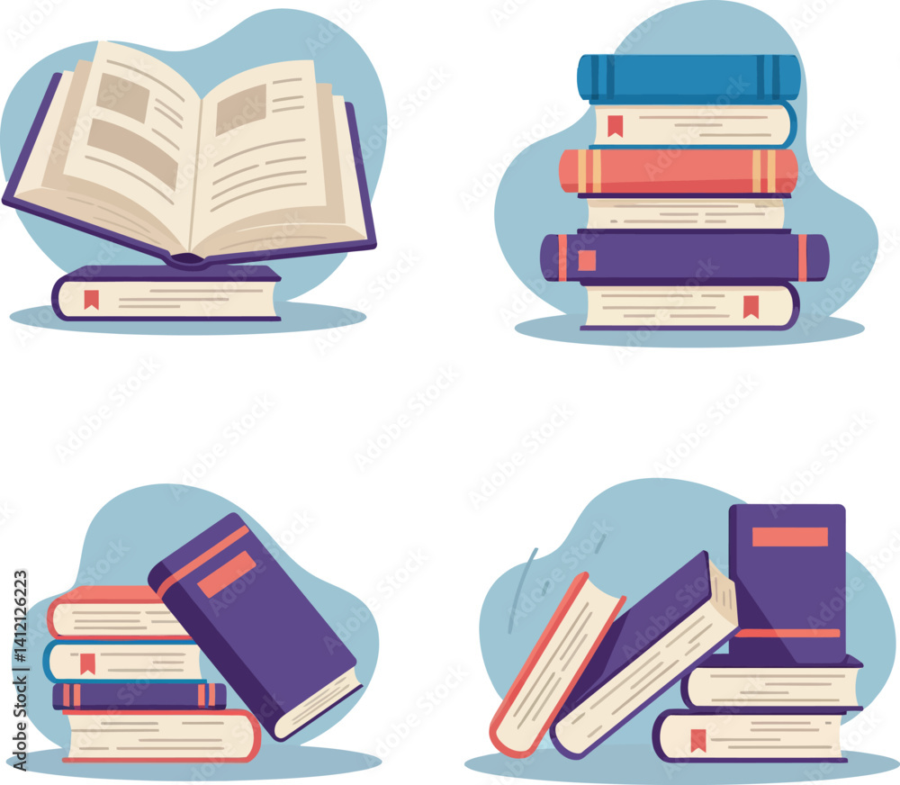 Poster stacks of colorful hardcover books with one open book and various arrangements flat design vector il