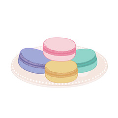 Colorful French macaroons on a saucer isolated on a white background. Pastries, desserts and sweets vector illustration