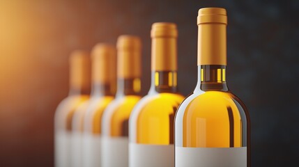 Row of Elegant White Wine Bottles with Gold Caps Ready for Tasting or Sale