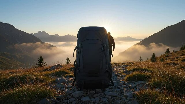 Backpack placed on mountaintop trail at sunrise, one man in the distance, another passing by. Exploration concept, hiking stories, outdoor travel branding.