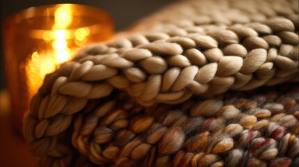 A warm, inviting cozy blanket with a candle in background creating atmosphere