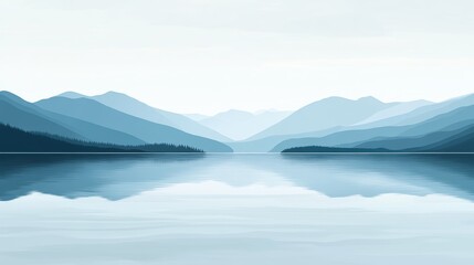 Serene Landscape with Calm Waters and Soft Mountains Under a Hazy Sky at Dawn Creating a Tranquil Atmosphere