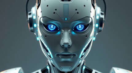 Generative AI. Futuristic AI humanoid robot with glowing blue eyes, detailed cybernetic face, realistic metallic textures, ultra-HD photorealism.