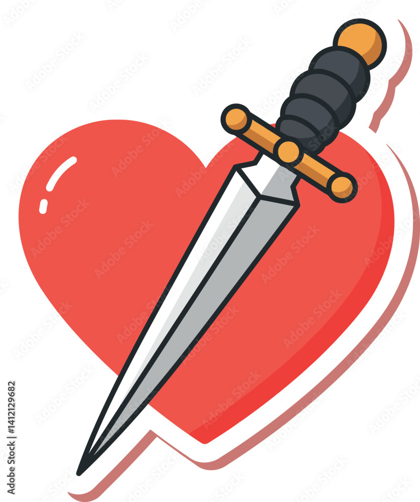 Aufkleber red heart pierced by silver dagger with black handle in flat style sharp stabbing vector art