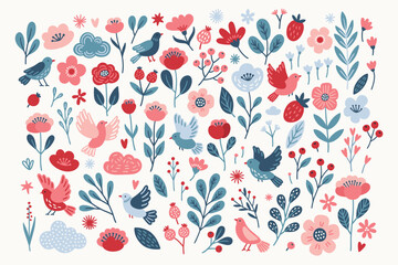 Floral set - birds, flower, berry, cloud, star, strawberry on white background. Perfect for spring greeting cards, decorations. Vector hand drawn illustration