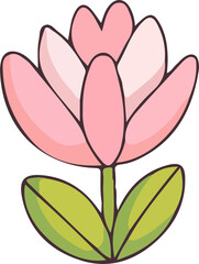 Cute cartoon-style single flower with pink, peach, and cream petals and green leaves. Ideal for spring designs, greeting cards, stickers, kids' art, or floral-themed graphics.