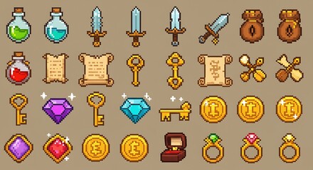 Pixel Art Collection of Fantasy Items for RPG Game Assets