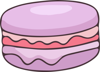 Adorable purple macaron with pink filling in a cute cartoon style. Perfect for sweet-themed graphics, bakery branding, kids’ decor, or kawaii dessert illustrations.