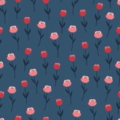 Floral seamless pattern with tulips on dark background. Perfect for wallpaper, gift paper, spring and summer greeting cards. Vector hand drawn illustration